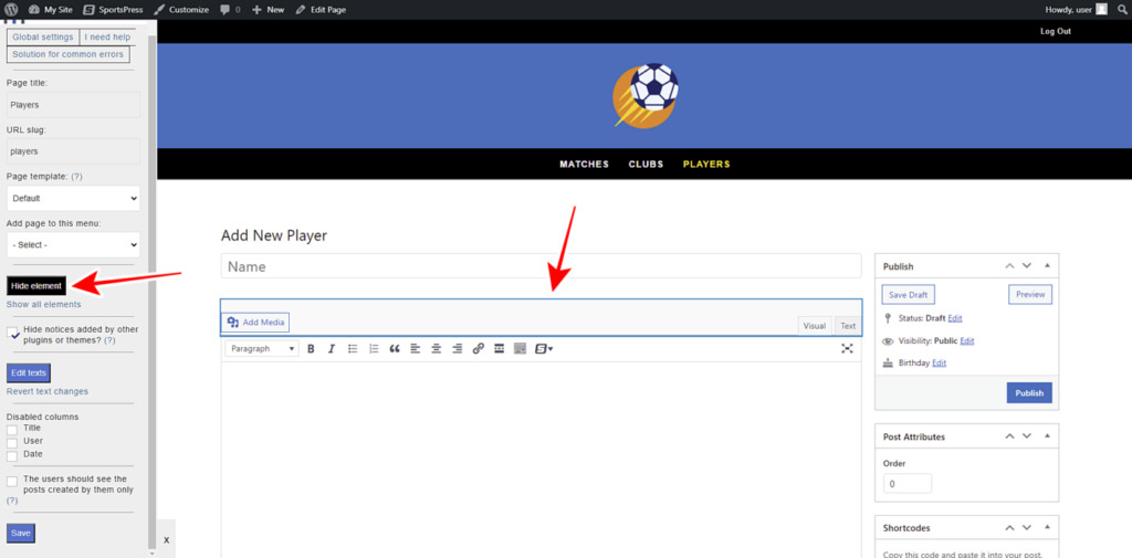 SportsPress for Football Manage Players on the Frontend